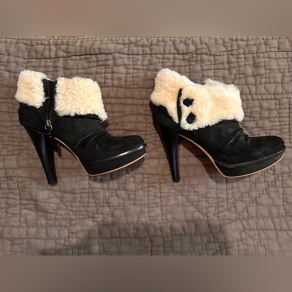 Ugg Georgette black size 9 high heel platform booties suede shearling stilettos - Picture 1 of 12
